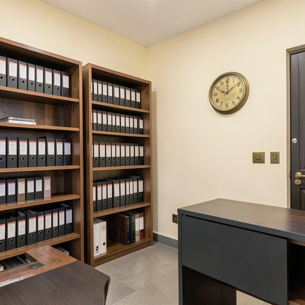 Oficina de consultoría laboral con estantería de archivos y detalles en latón