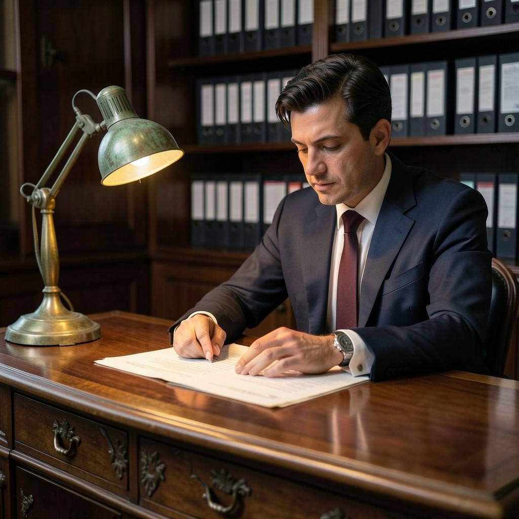 Consultor laboral revisando certificado de empresa en oficina con detalles de latón y madera